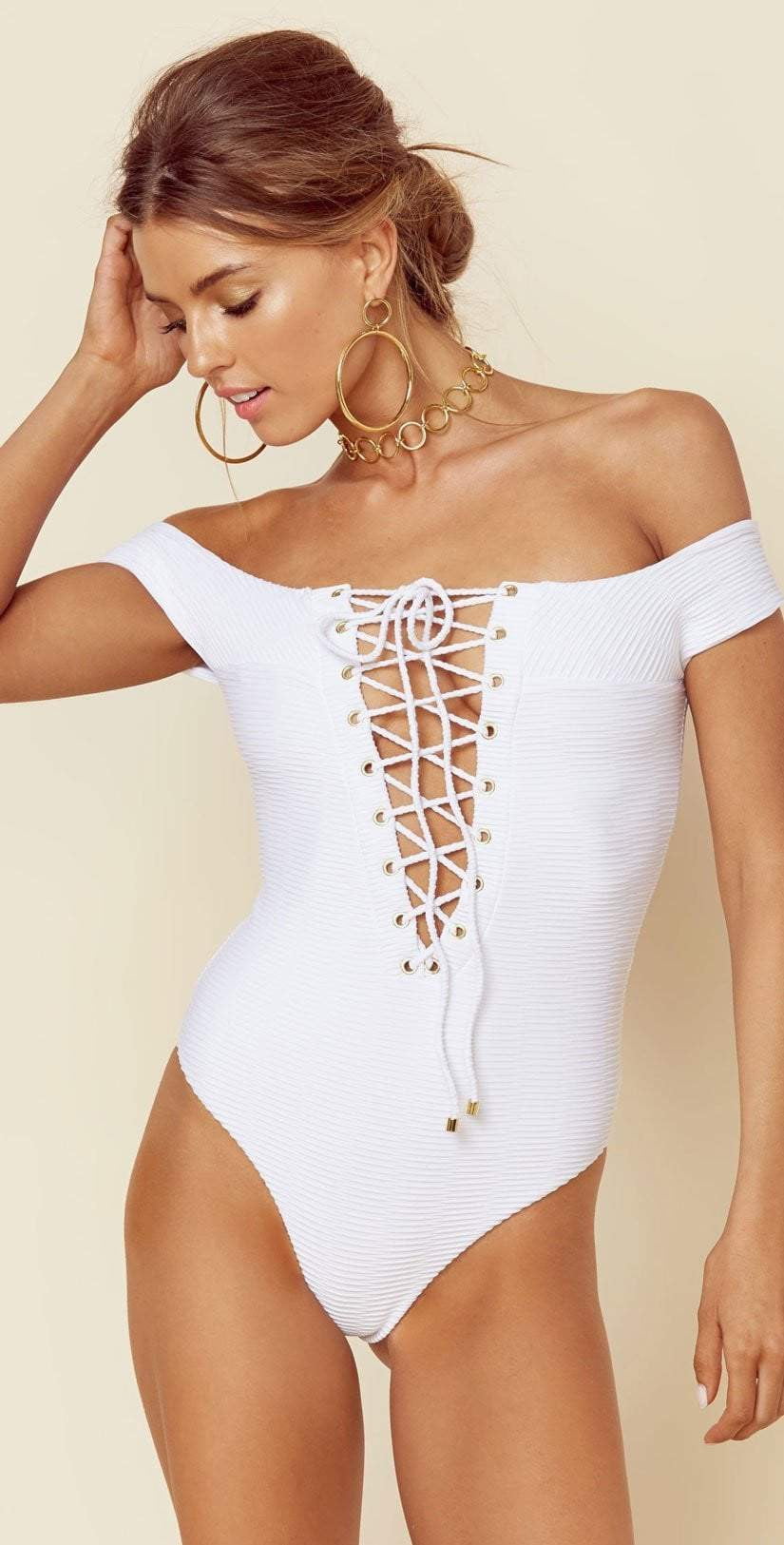  Blue Life Off Shoulder One Piece In White Jacquard 390-9466-WHT