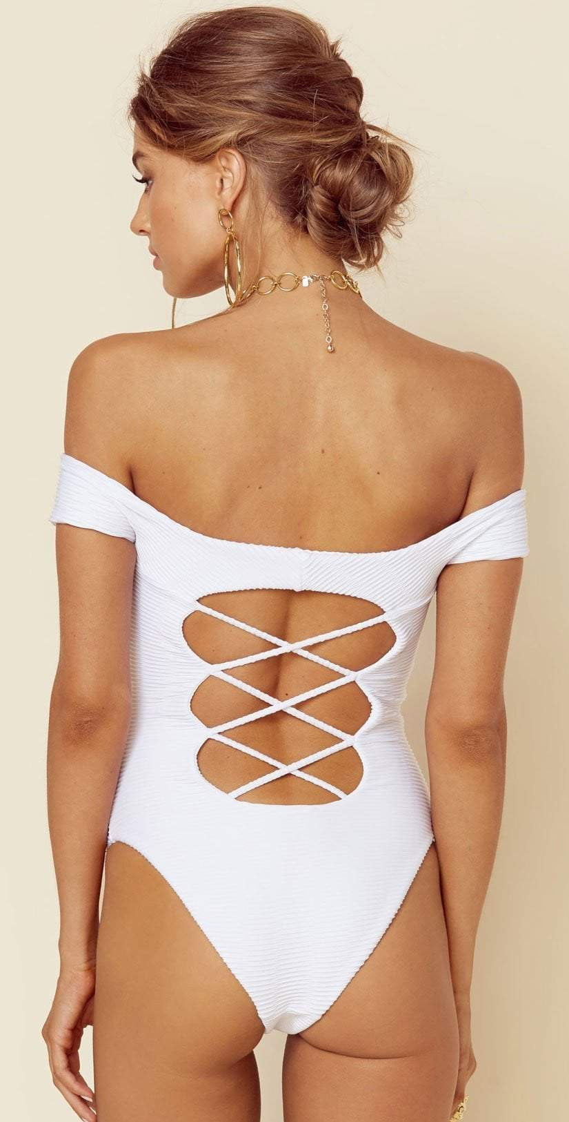  Blue Life Off Shoulder One Piece In White Jacquard 390-9466-WHT