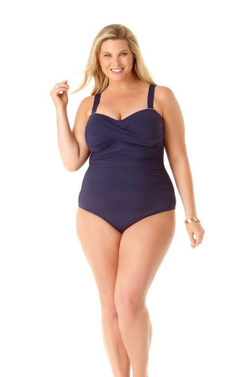  Anne Cole Plus Size Twist Front Shirred Bandeau One Piece Swimsuit