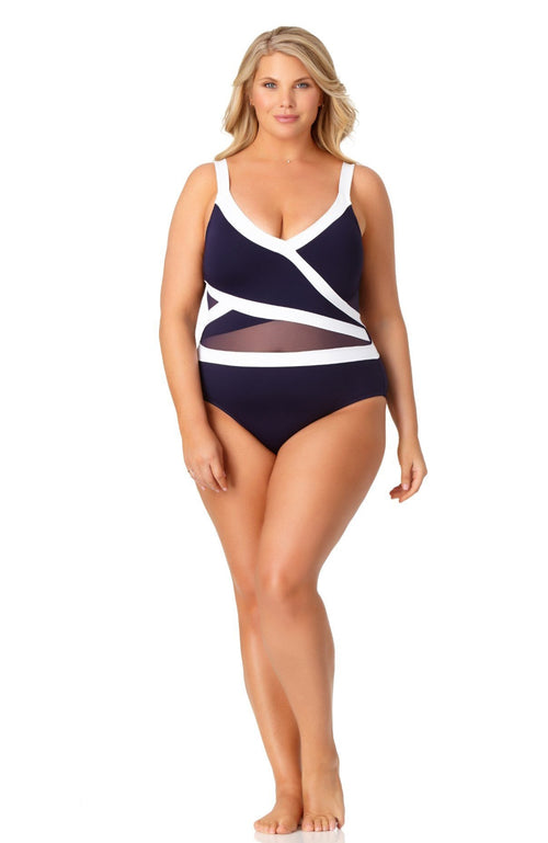  Anne Cole Hot Mesh Asymmetric Spliced Mesh One Piece Swimsuit