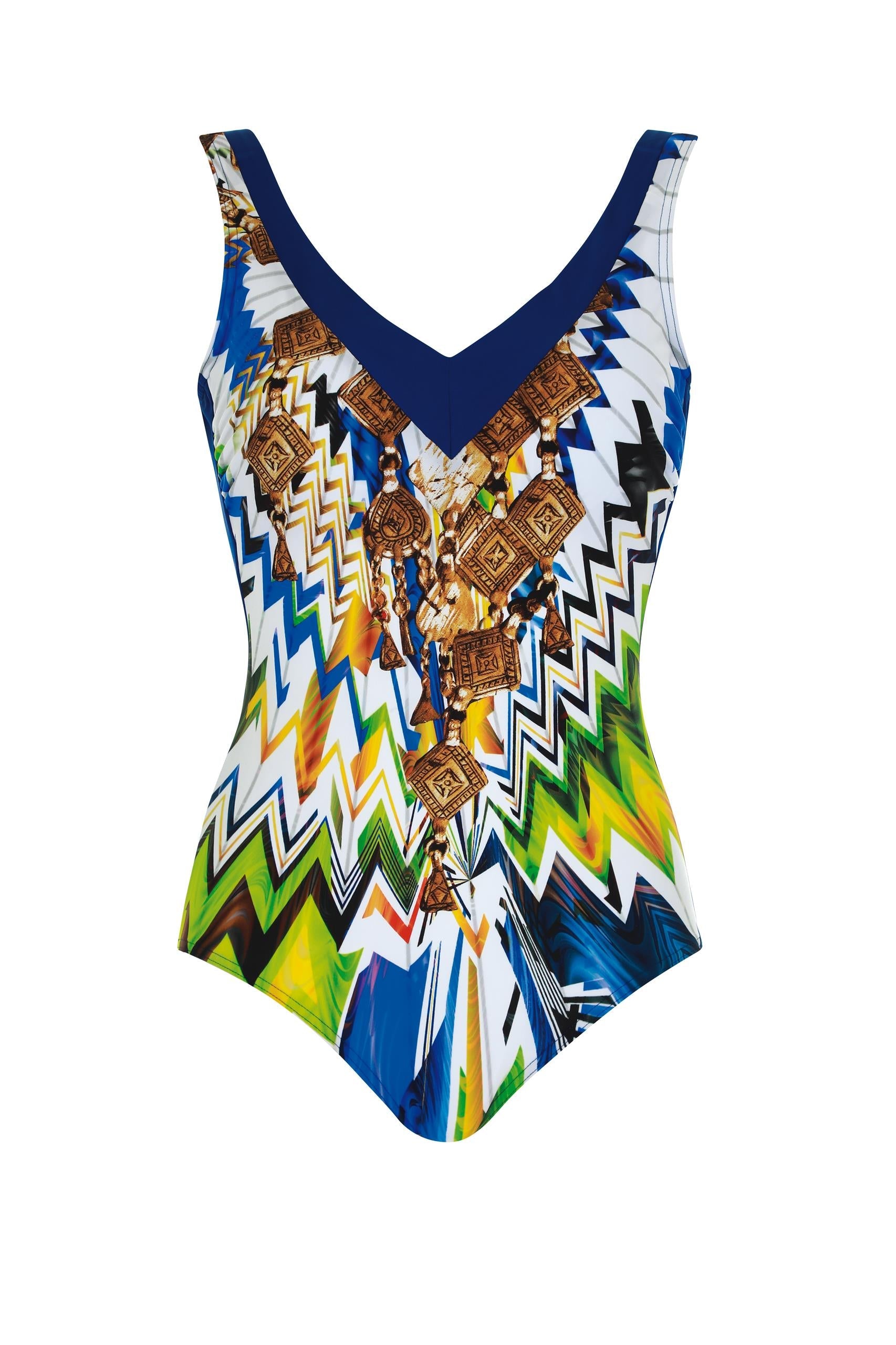  Sunflair V Neck Geo Natural One Piece Swimsuit