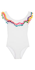  PilyQ Girls Cotton Candy Pom Pom One Piece In White