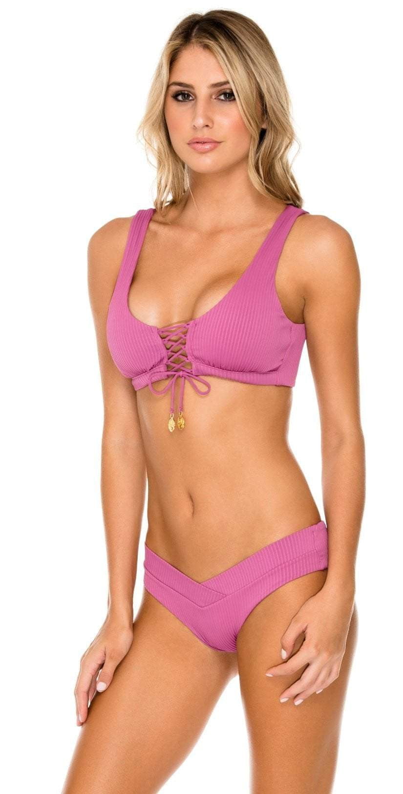  Luli Fama Orillas Del Mar Lace Up Bralette Bikini Top In Raspberry