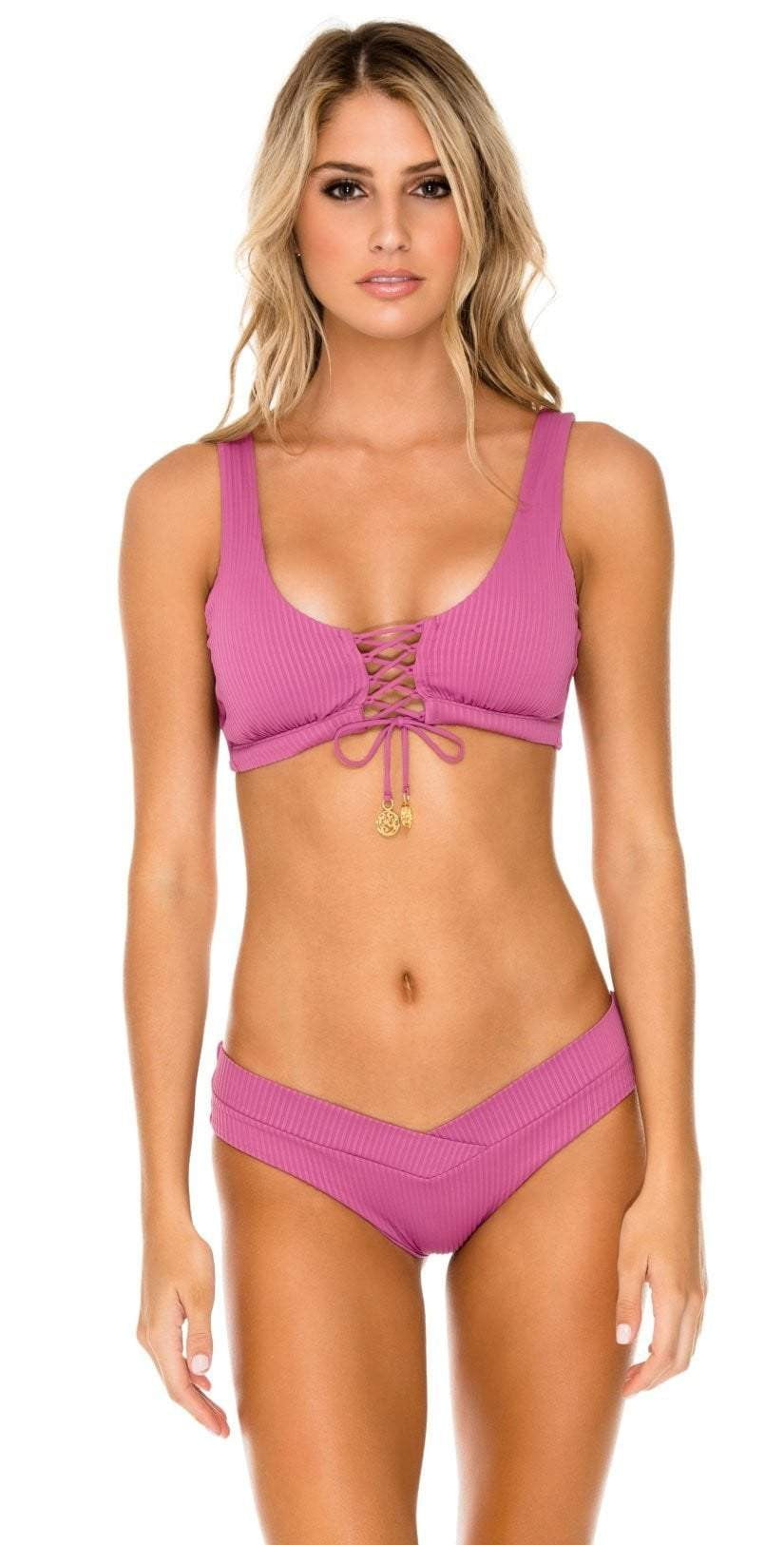  Luli Fama Orillas Del Mar Lace Up Bralette Bikini Top In Raspberry