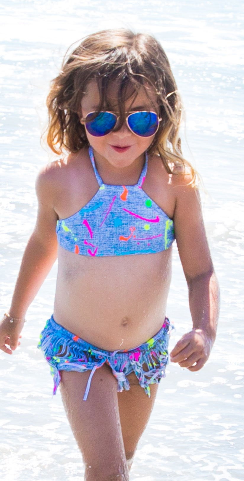  PilyQ Girl's Splatter Paint High Neck Fringe Bikini Set
