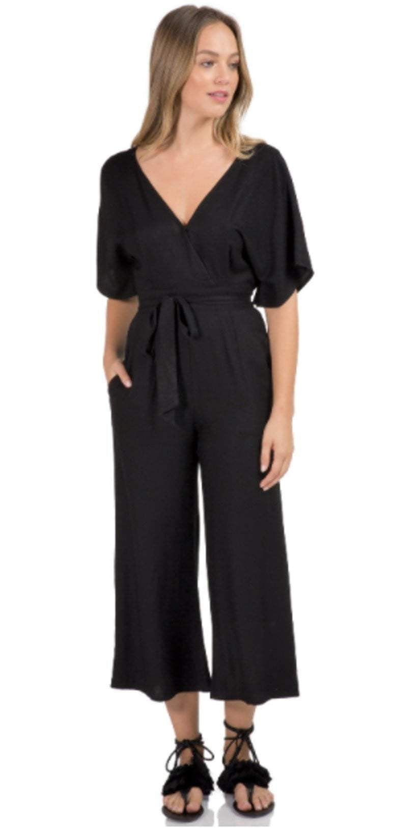  Elan Romper Ruffle Top Jumpsuit In Black SC7142-BLK