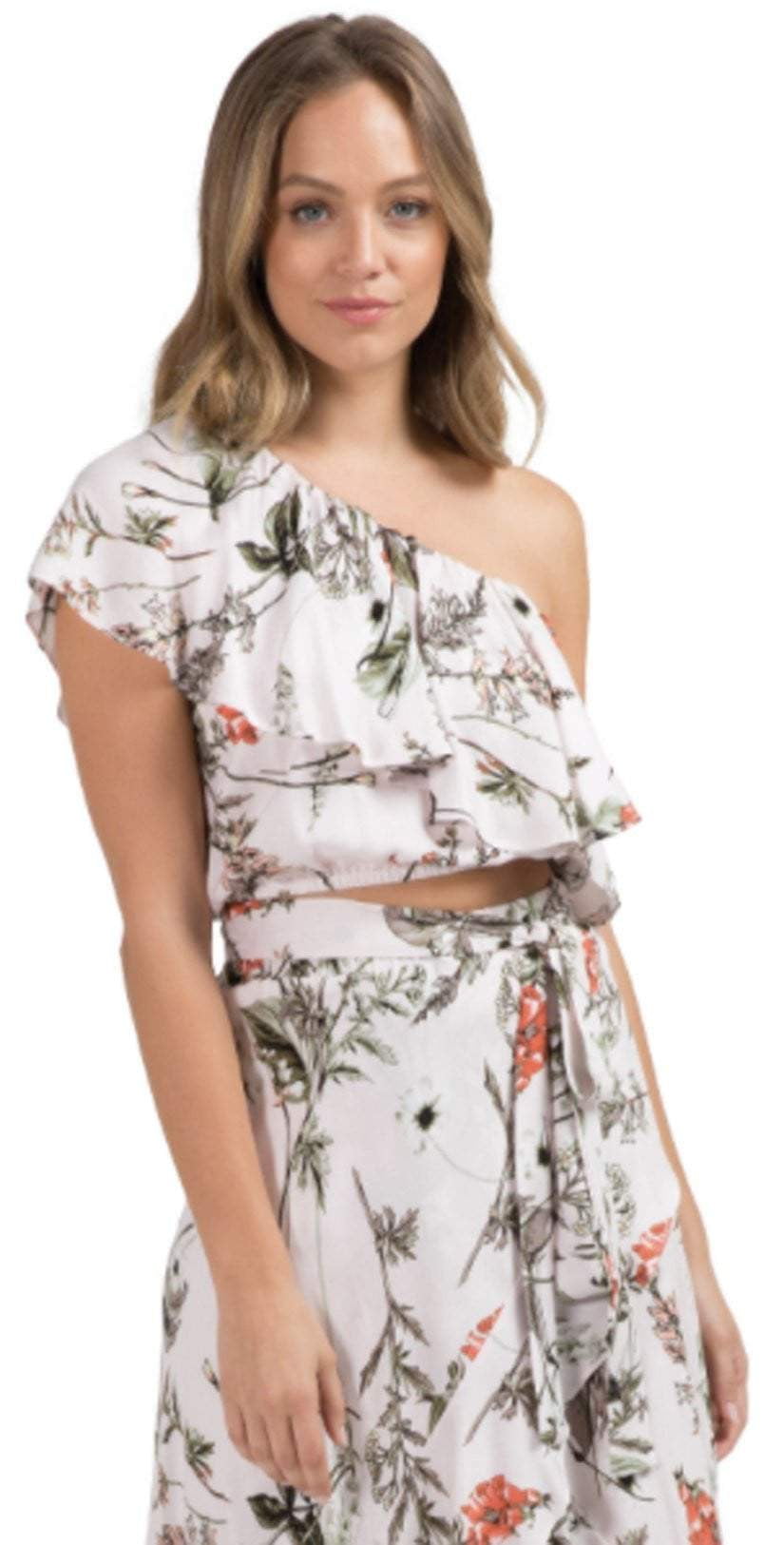  Elan Ruffled One Shoulder Crop Top In Pale Pink Botanical SCP1908-PPK-BO