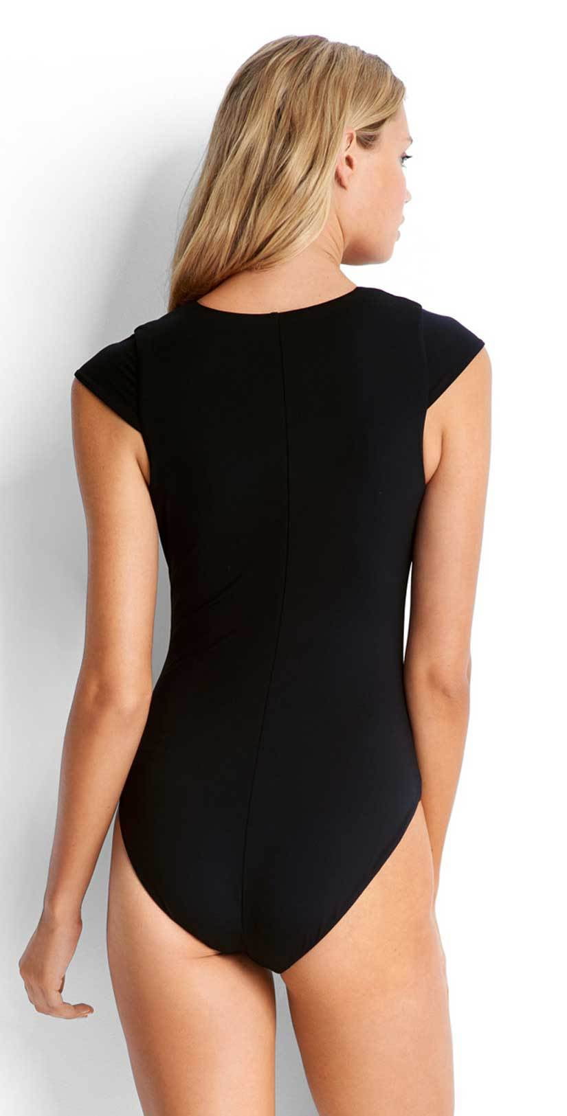  Seafolly Lace Up Cap Sleeve Maillot In Black 10744-058-BLACK