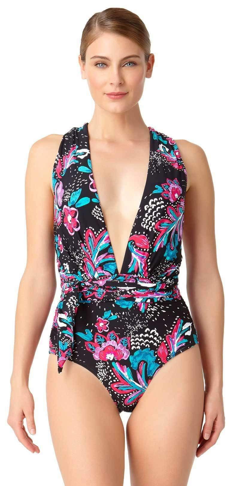  Anne Cole Wild Flower That's A Wrap Plunge One Piece Swimsuit