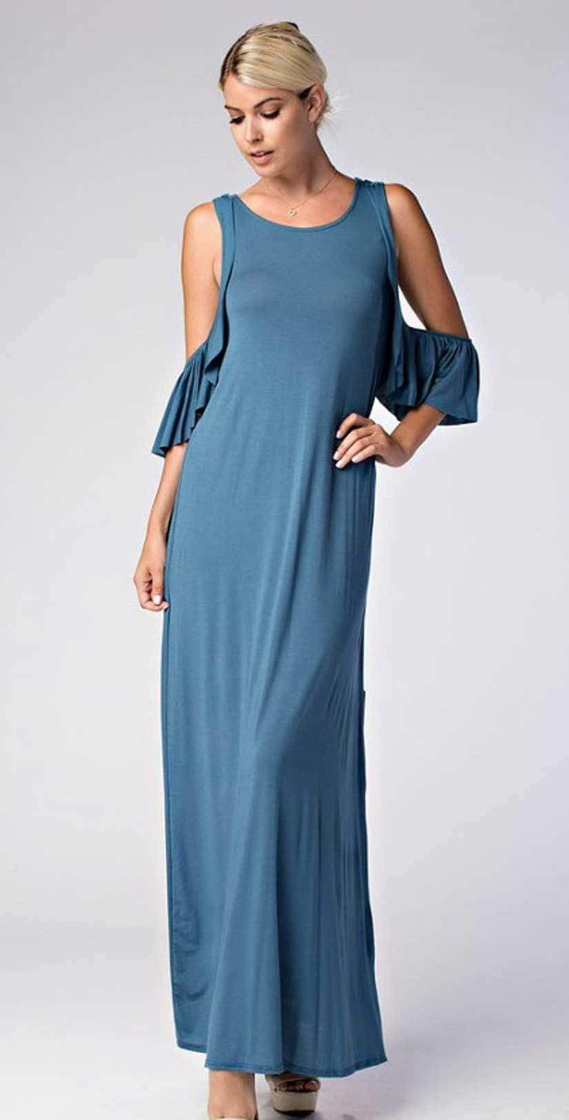  Love In Cold Shoulder Round Neck Ruffle Maxi Dress D10278