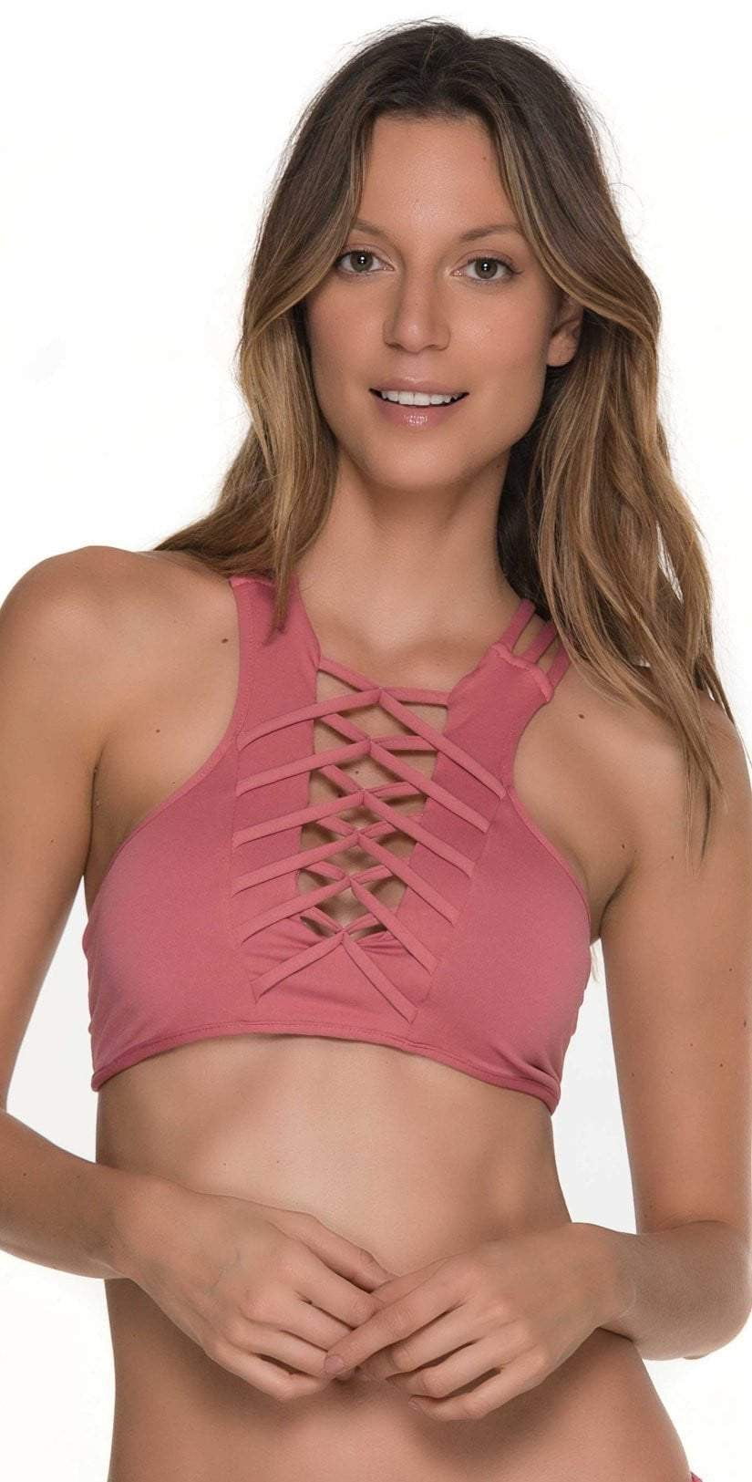  Malai Awe Fishbone High Neck Top In Rośe T00326-RSE