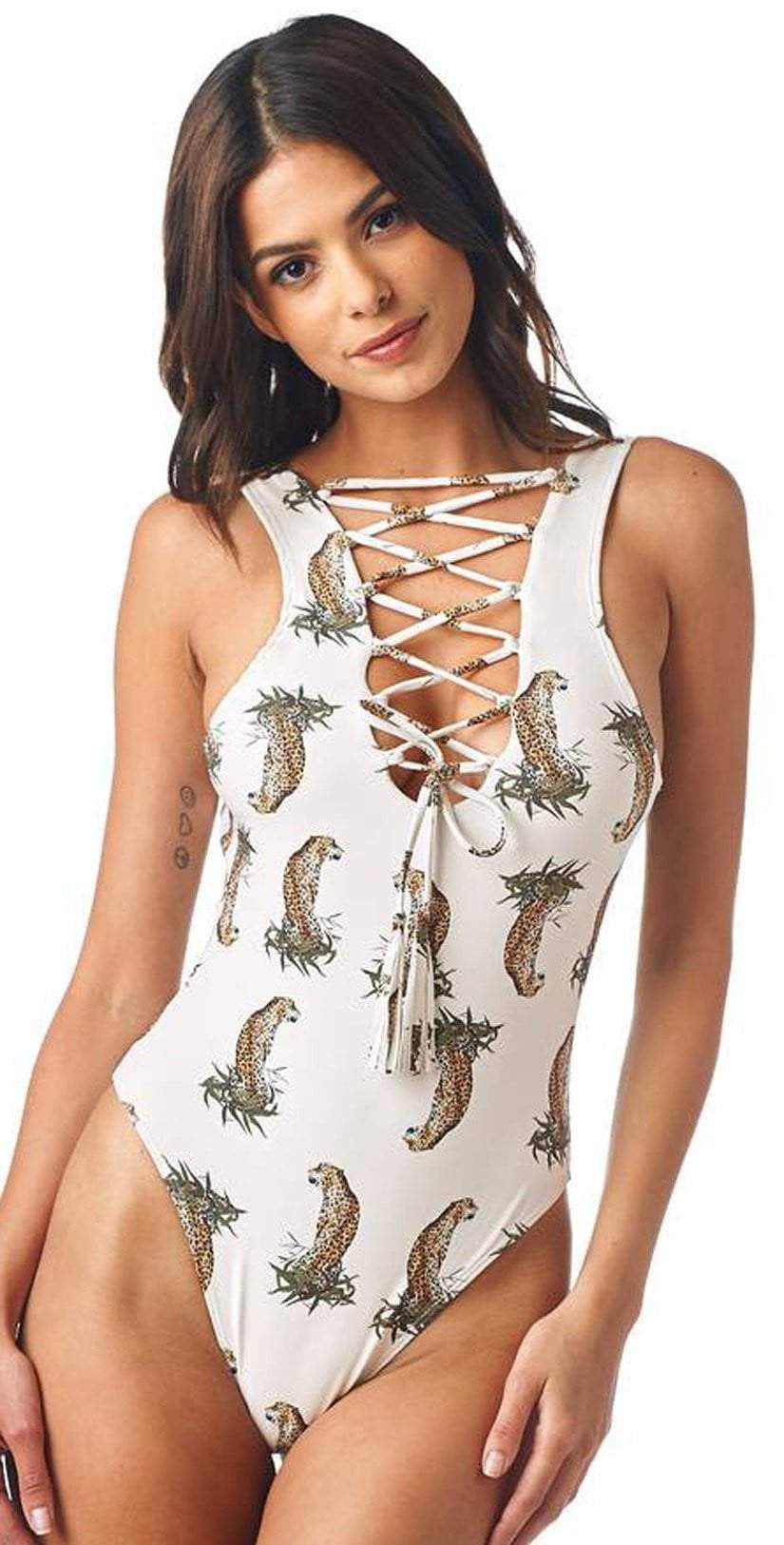  Montce DA Cheetah Repeat Lace-Up One Piece In Cream