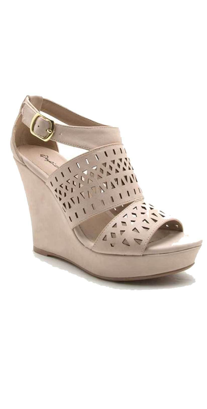  Qupid Shoes Lena Perforated Strappy Wedge In Nude LENA-619 NUDE
