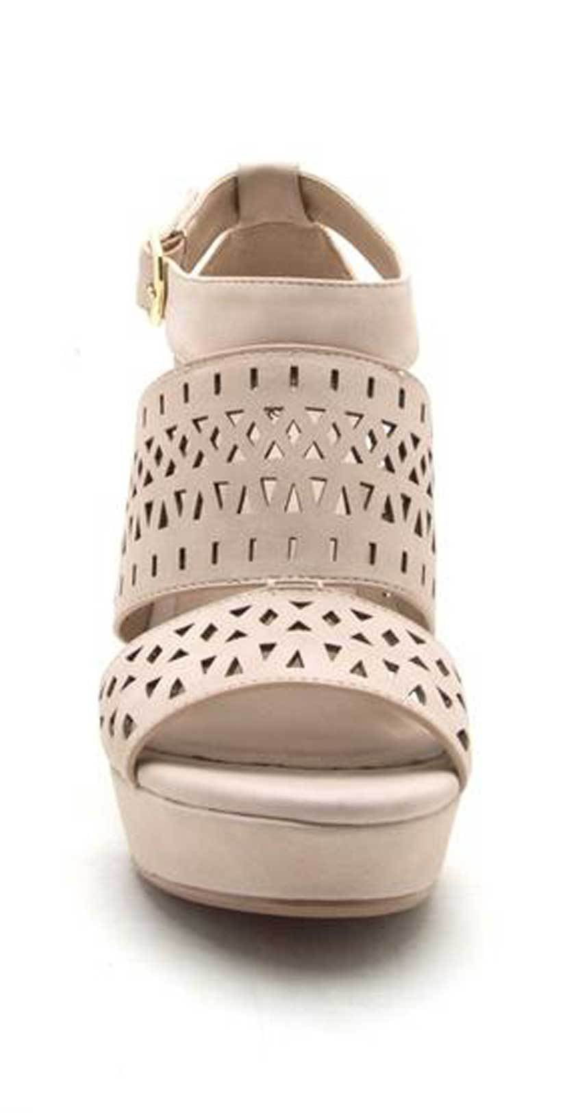  Qupid Shoes Lena Perforated Strappy Wedge In Nude LENA-619 NUDE