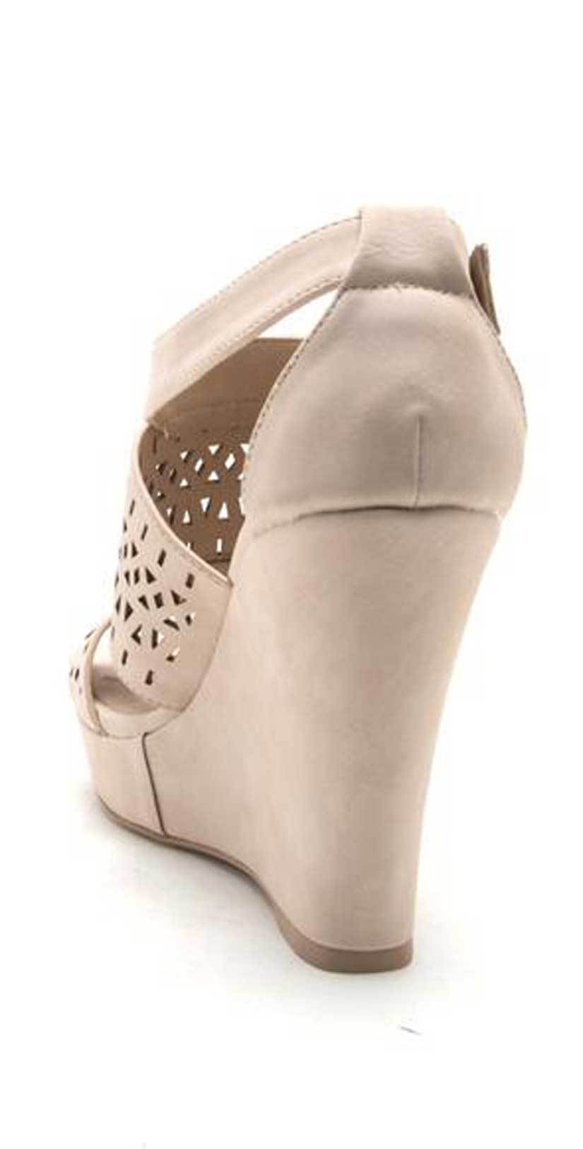  Qupid Shoes Lena Perforated Strappy Wedge In Nude LENA-619 NUDE
