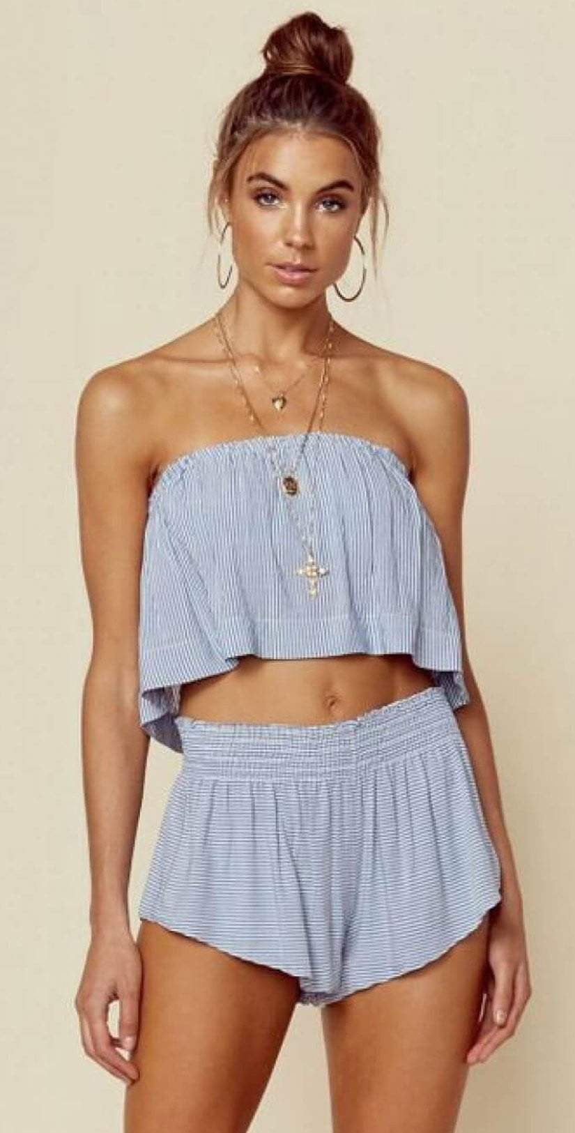  Blue Life Denim Stripe Lina Frill Top T080-2017-DNMST